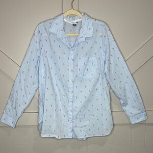 Old Navy The Classic Cotton Flamingo Print Button-Up Shirt Light Blue NEW W/Tags